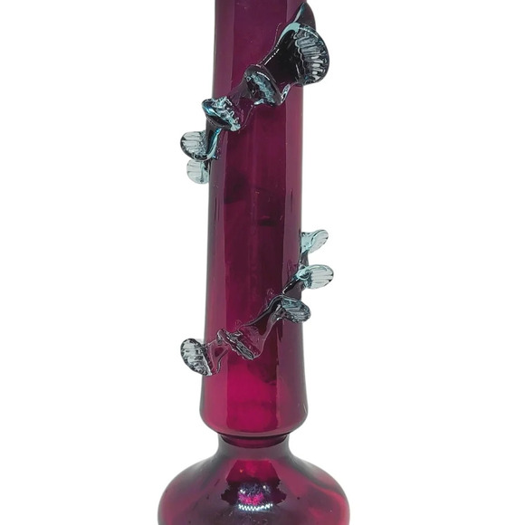 Vintage Cranberry Victorian Art Glass  Vase With Light Blue Applied Rigaree - Picture 8 of 10